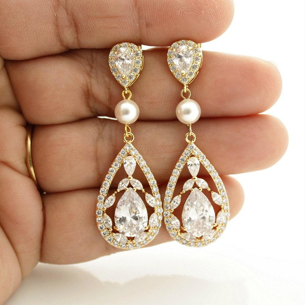 Cubic Zirconia Gold Drop Earrings