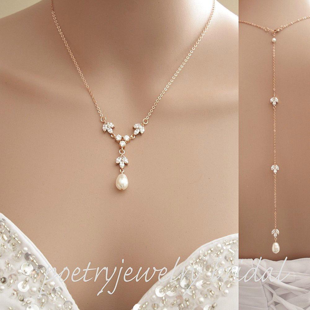 Rose Gold Bridal Backdrop Necklace, Rose Gold Back Necklace, Rose Gold Wedding Jewelry, Crystal Back Necklace, Bridal Jewelry, Leila