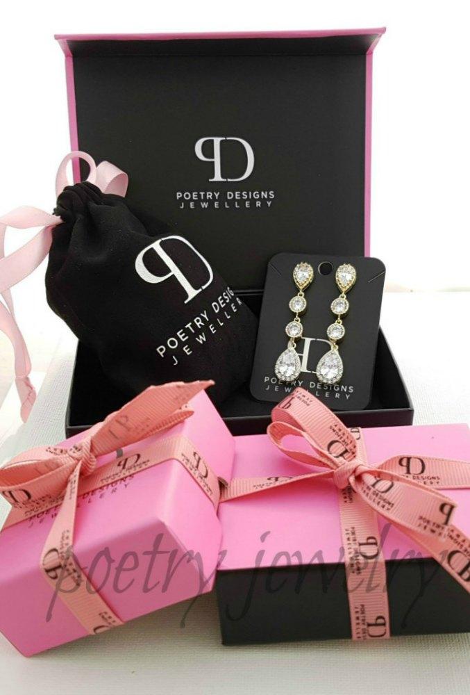Long Earrings Drop Necklace & Bracelet Bridal Jewelry Set- Hayley - PoetryDesigns