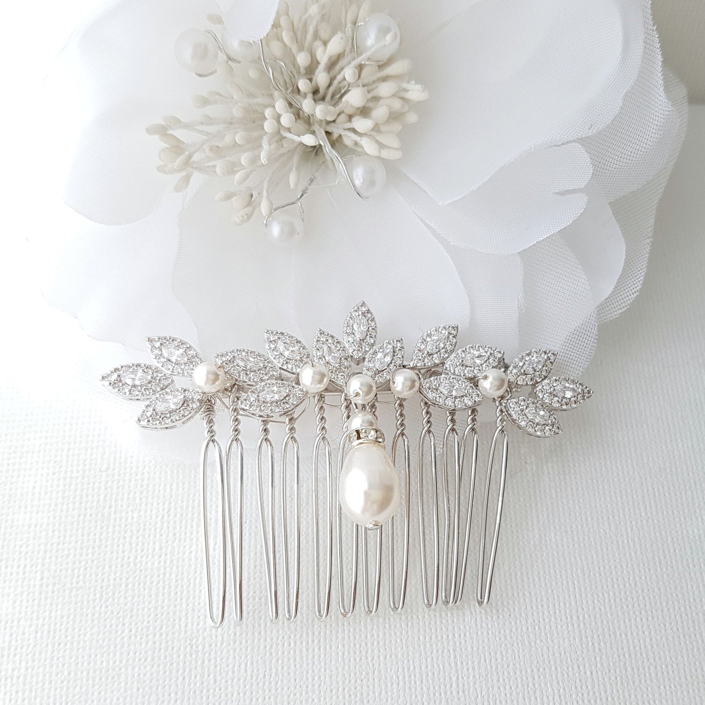 Gold Hair Comb for Weddings with Pearl & Crystals-Abby