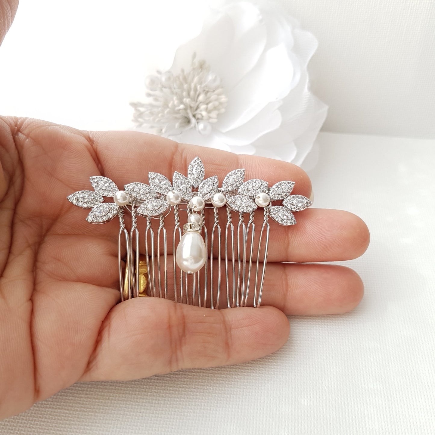 Gold Hair Comb for Weddings with Pearl & Crystals-Abby