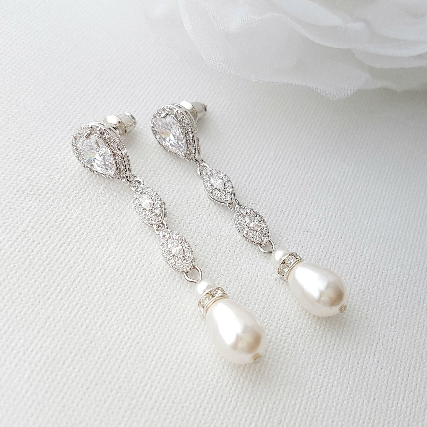 Slim Gold and Pearl Drop Earrings-Abby