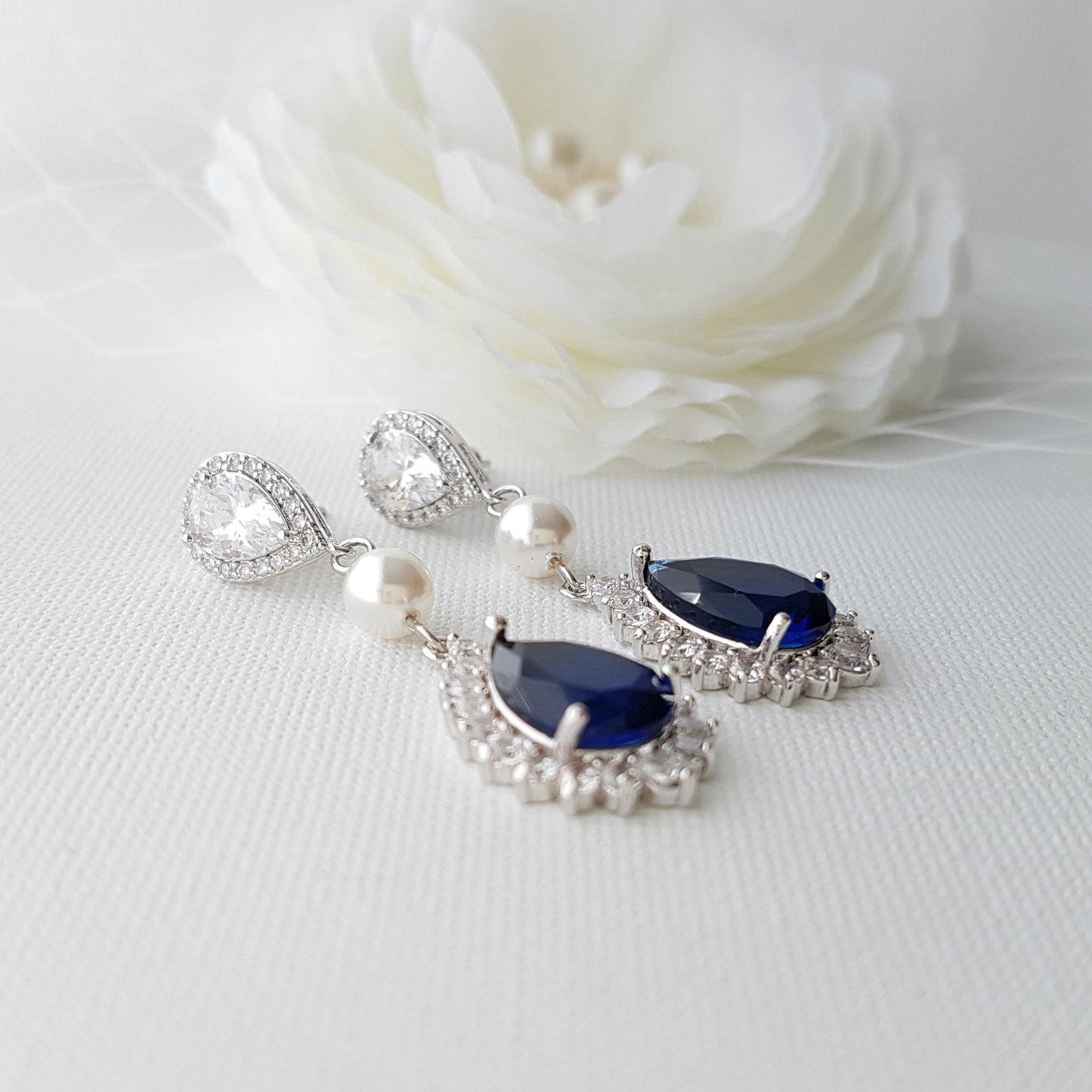 Pearl and Crystal Blue Wedding Jewelry Set for Brides-Aoi