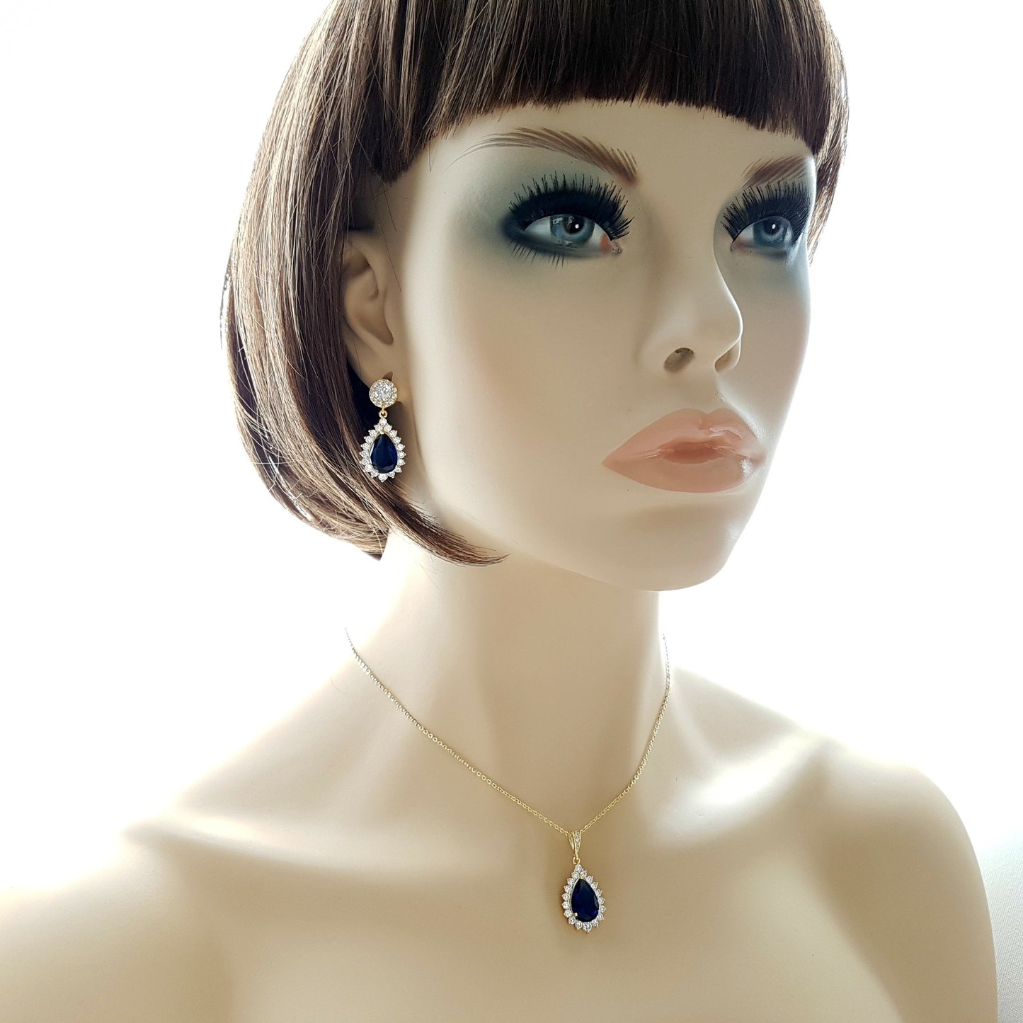 Conjunto de collar de aretes de piedra azul zafiro-Aoi