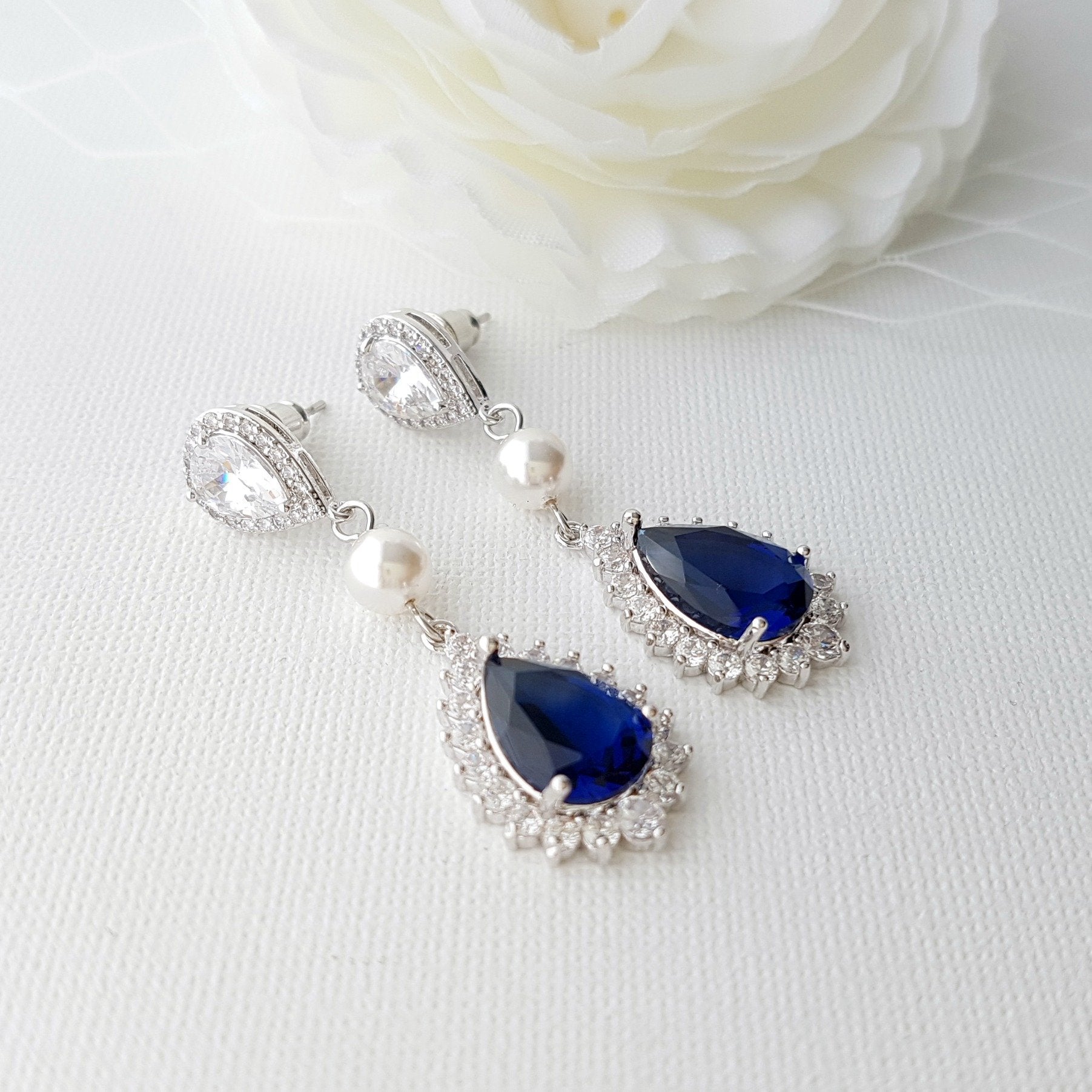 Sapphire Blue Drop Earrings Rose Gold- Aoi - PoetryDesigns