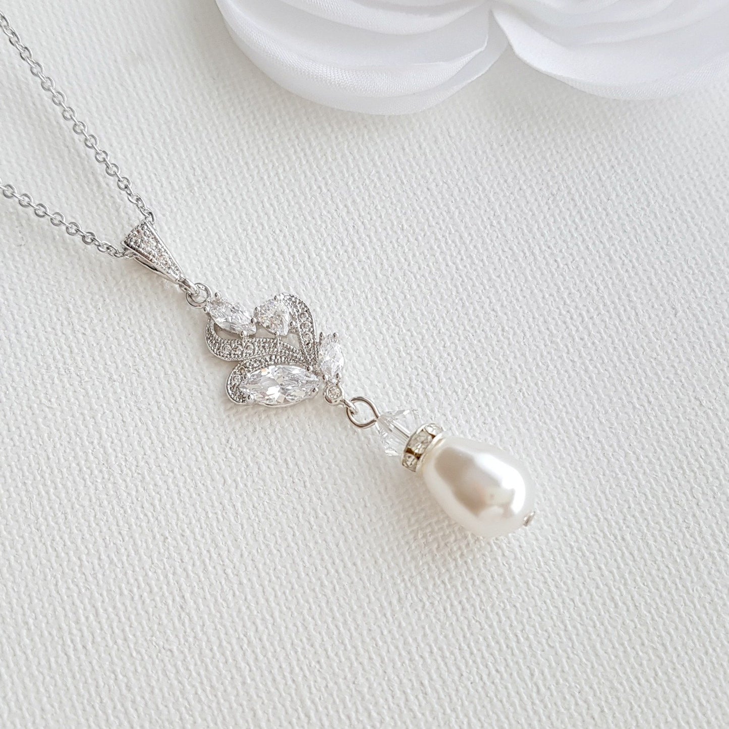 Teardrop Pearl Pendant Set in Silver for Weddings-Wavy