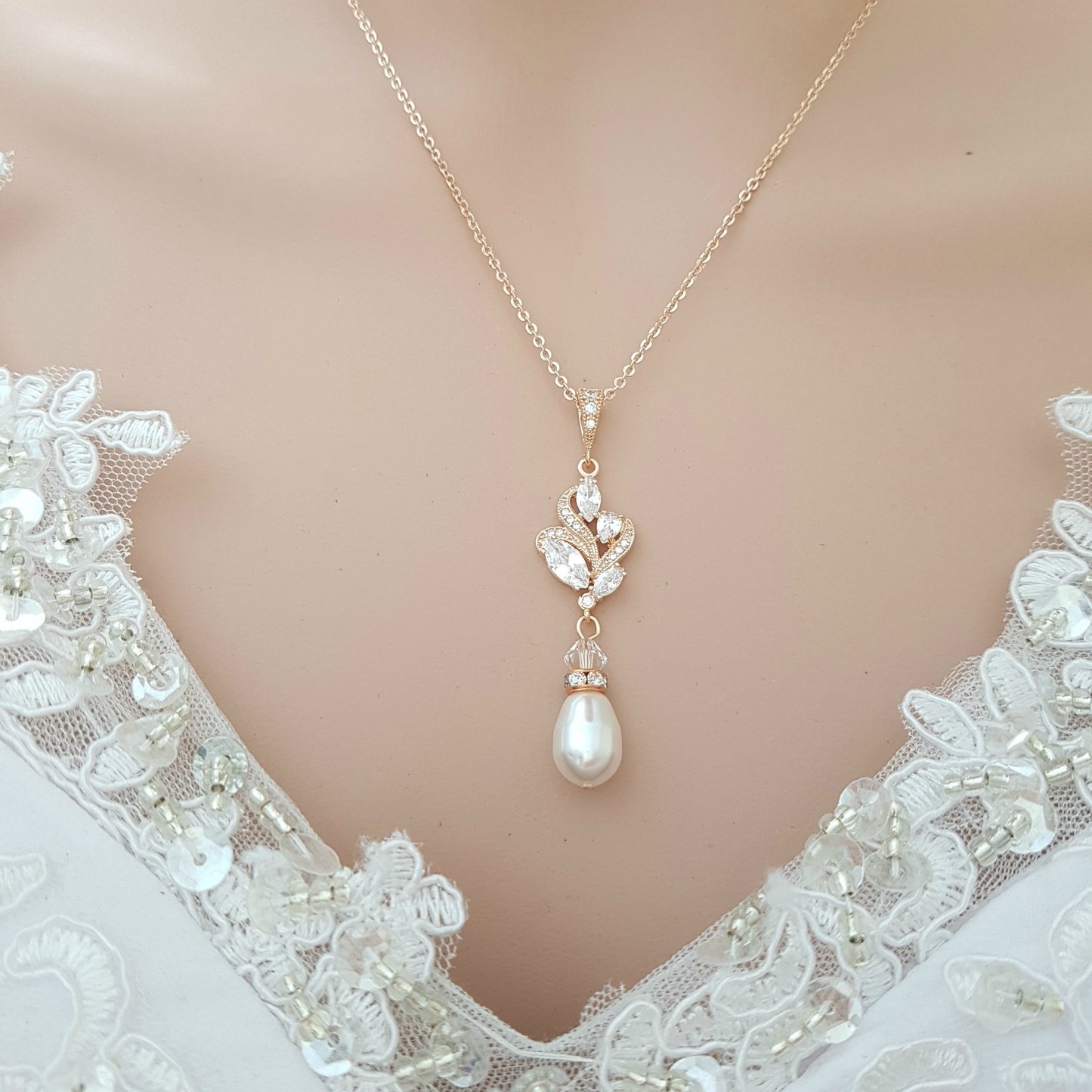 Teardrop Pearl Pendant Set in Silver for Weddings-Wavy