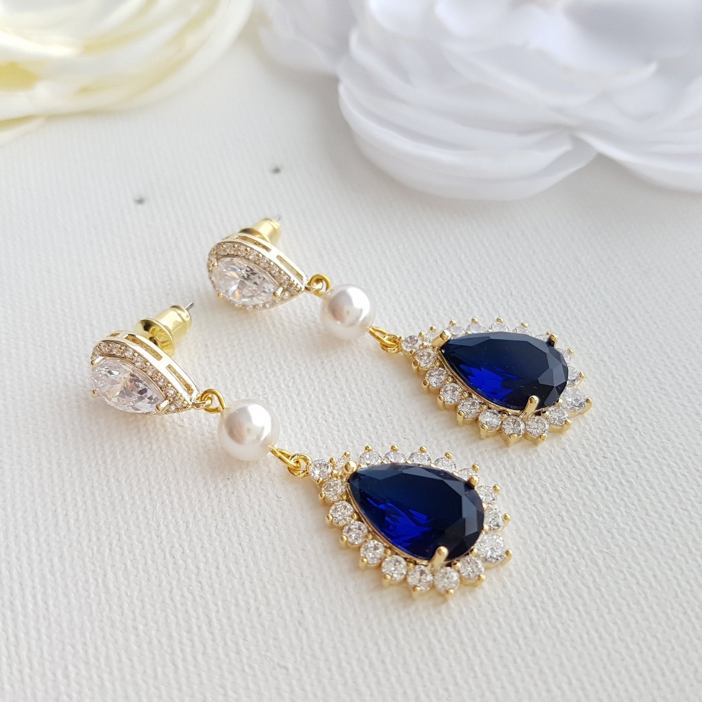 Sapphire Blue crystal drop earrings for Prom and Weddings- Poetry Designs