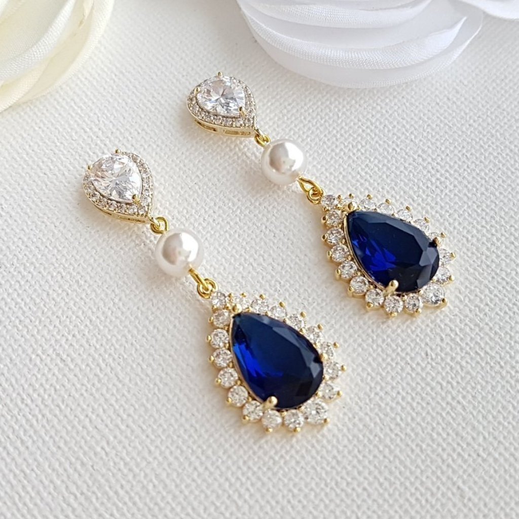 Sapphire Blue Drop Earrings Rose Gold- Aoi - PoetryDesigns