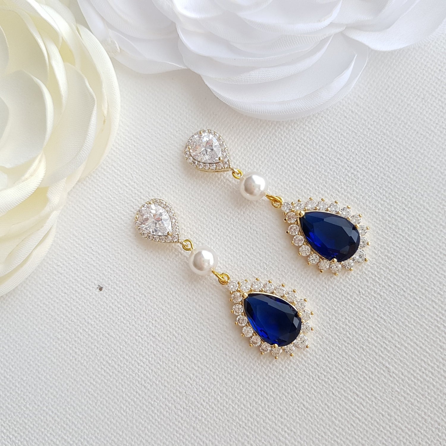 Dark Blue Pearl and Crystal Earrings- Poetry Designs