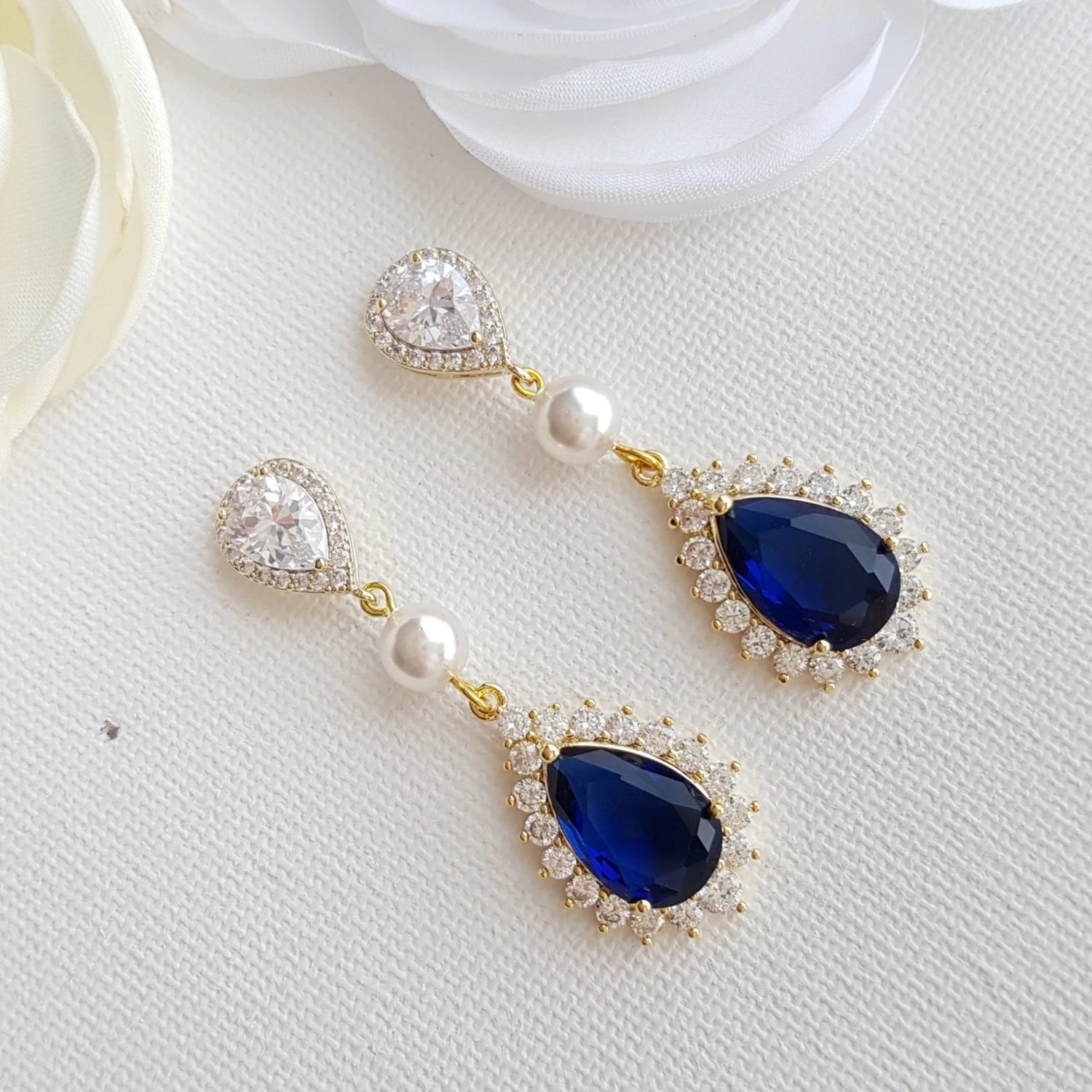 Sapphire Blue Drop Earrings Rose Gold- Aoi - PoetryDesigns