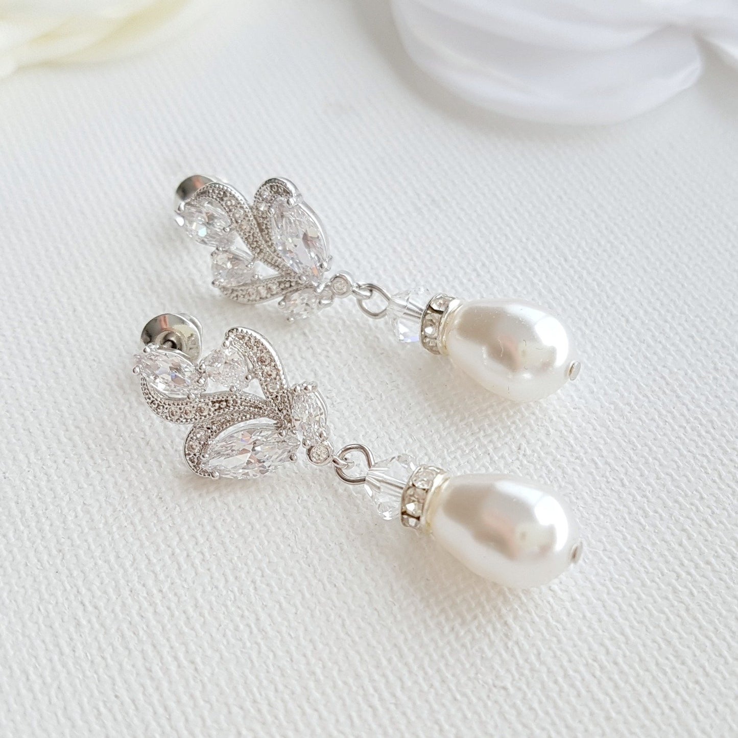 Silver Bridal Earrings With Pearl Drops-Wavy - PoetryDesigns