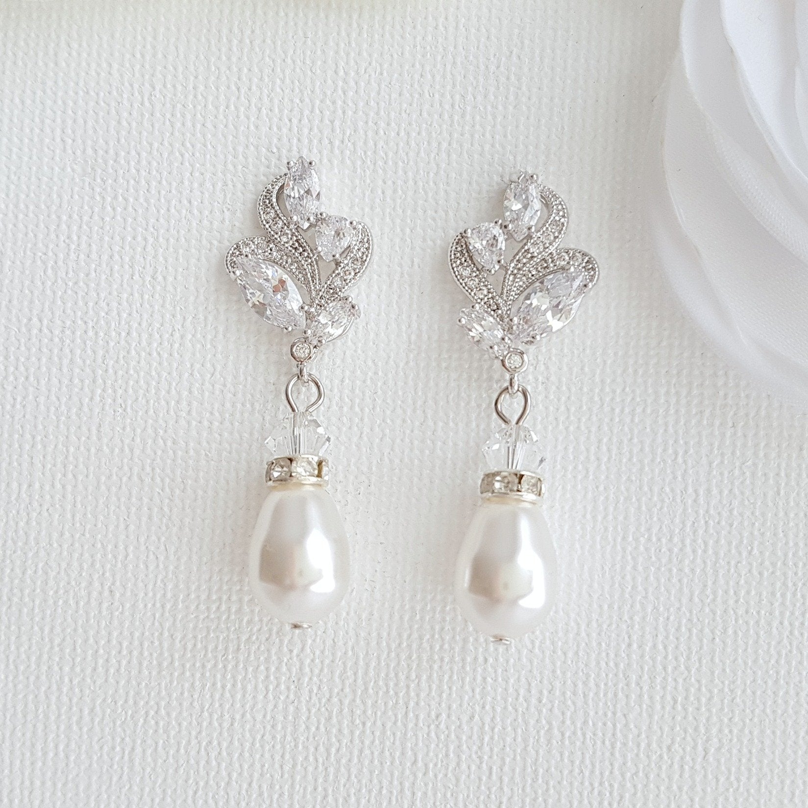 Silver Bridal Earrings With Pearl Drops-Wavy - PoetryDesigns