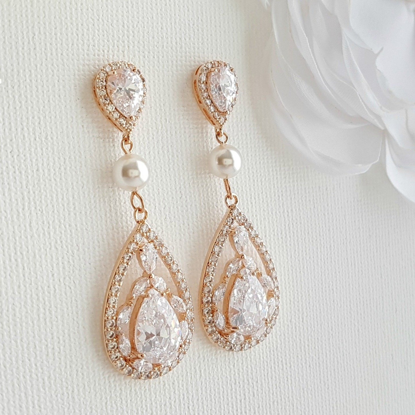 Poetry Designs- Rose Gold Elegant Drop Earrings with Clip On's with Pearls for Weddings