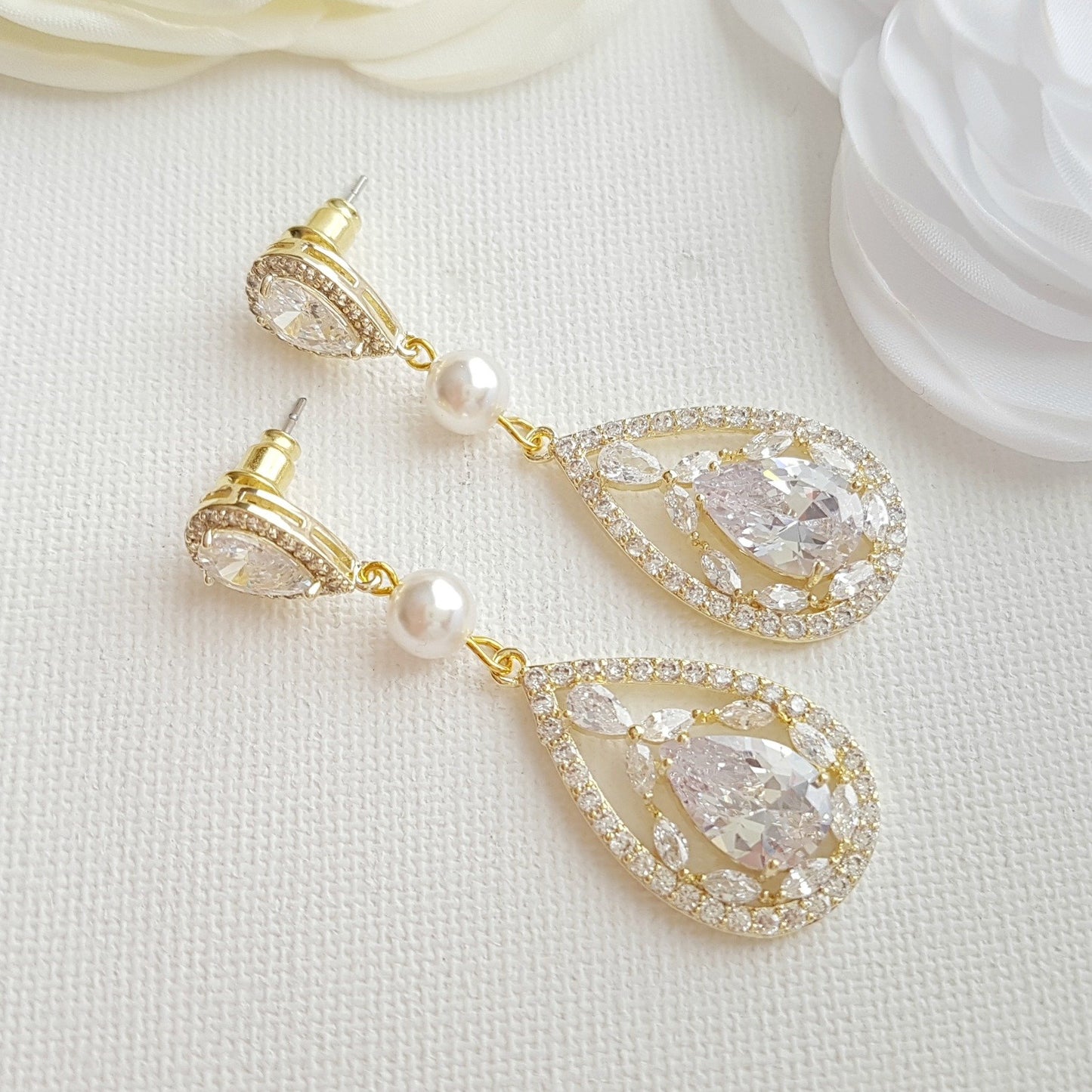 Aretes de cristal CZ de oro rosa para bodas y novias-Esther