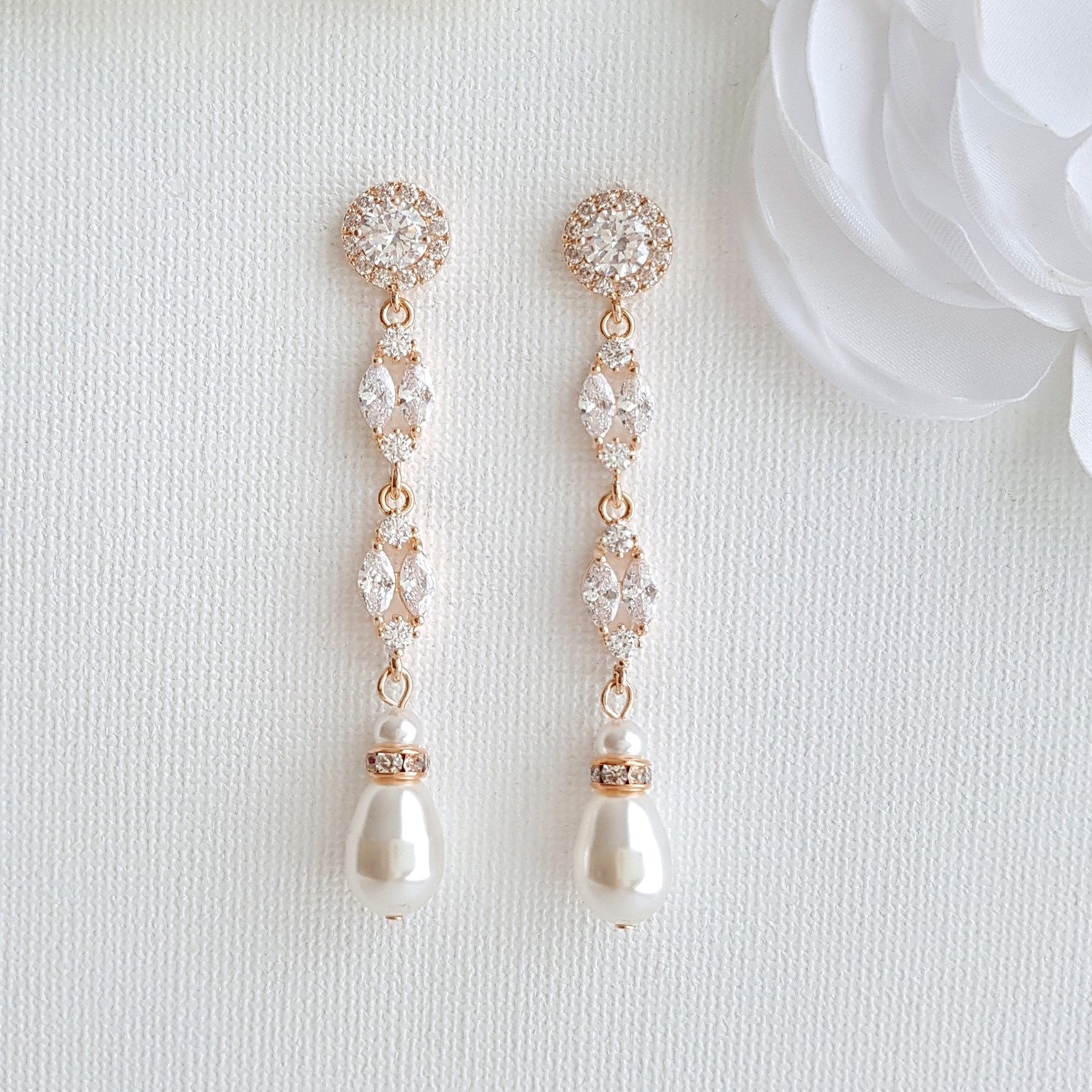 long rose gold drop pearl earrings- Poetry Designs
