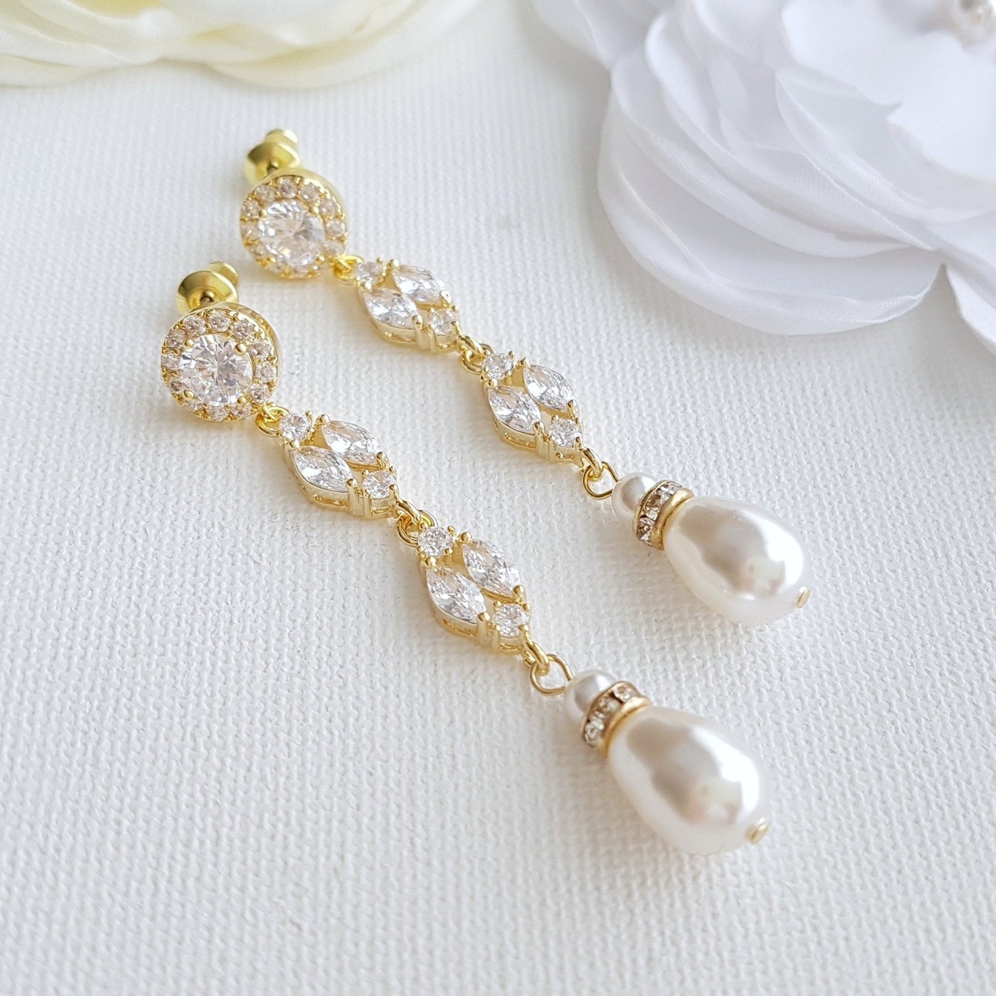 Long Rose Gold Clip On Wedding Earrings- Hayley - PoetryDesigns