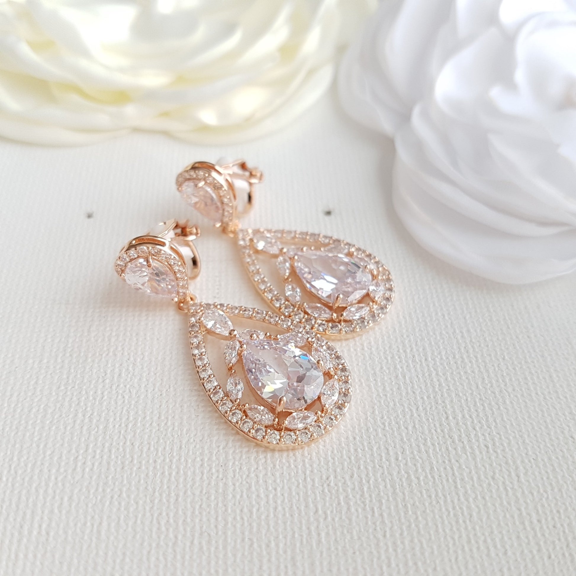 Rose Gold Clip On Earrings for Brides with Non Pierced Ears-Esther - PoetryDesigns