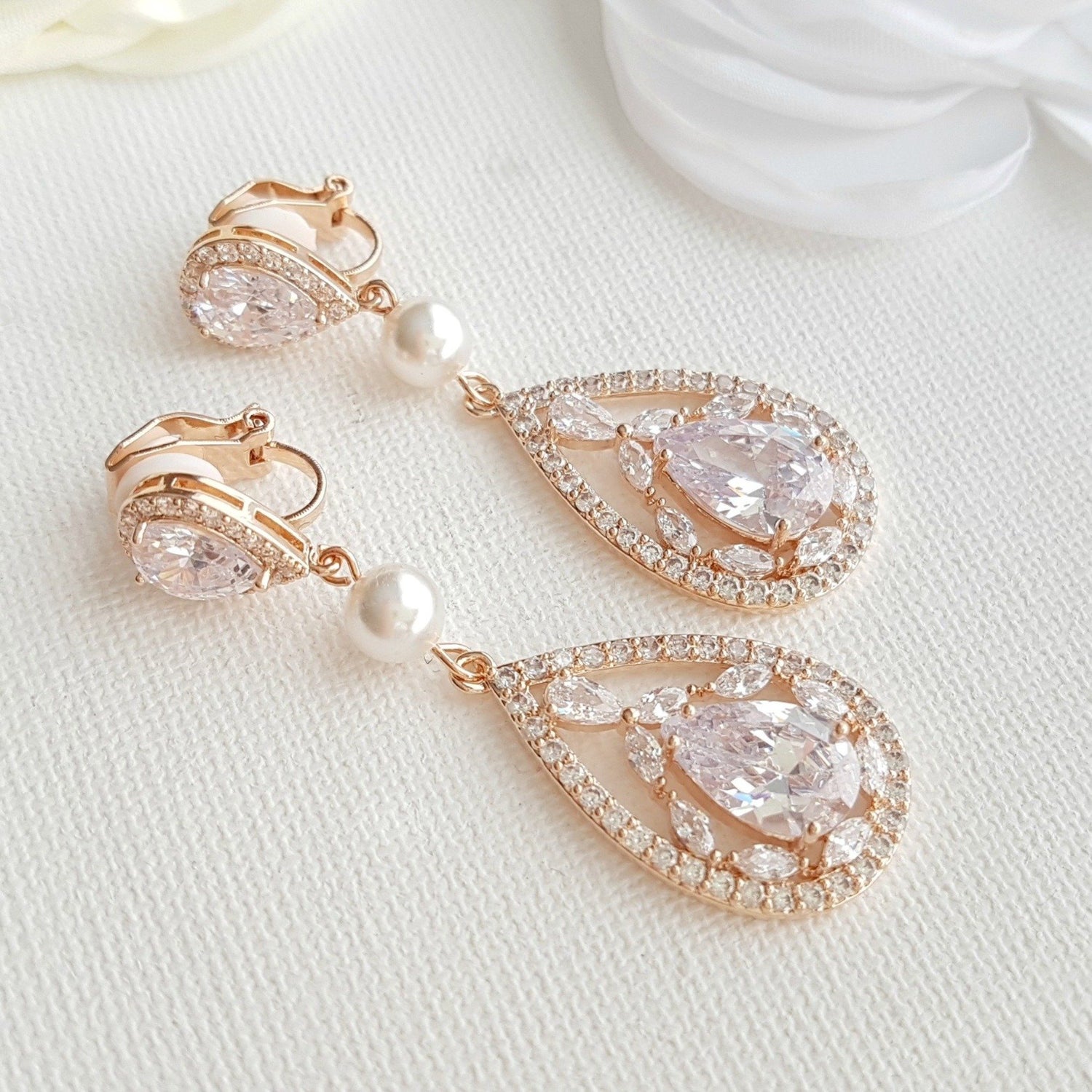 Rose gold clip on wedding earrings with pearl-Poetry Designs