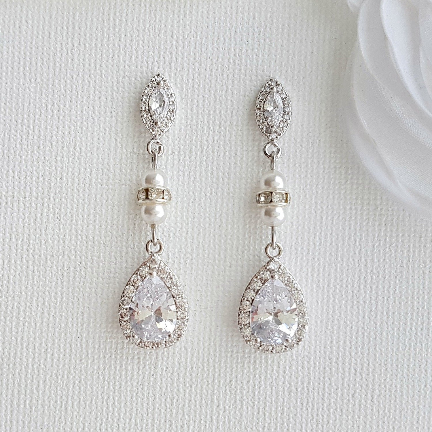 Gold and Pearl Wedding Drop Earrings-Ella - PoetryDesigns