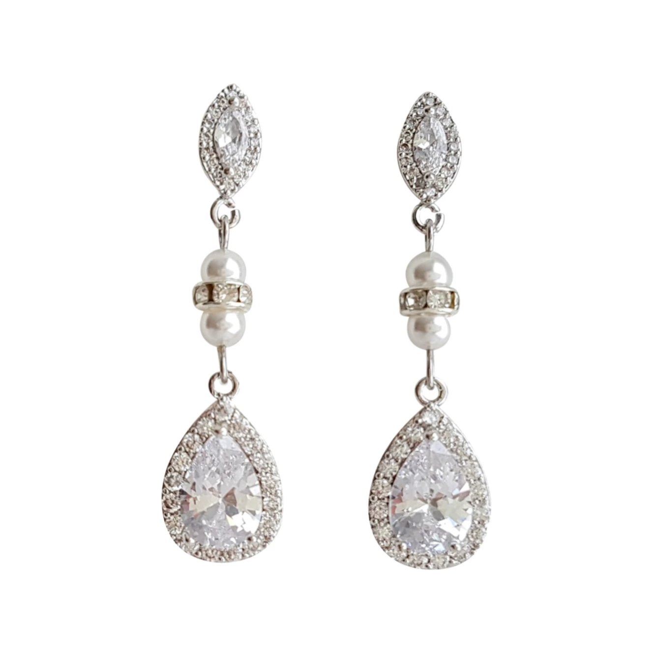 CZ & Pearl Wedding Drop Earrings for Brides-Ella - PoetryDesigns