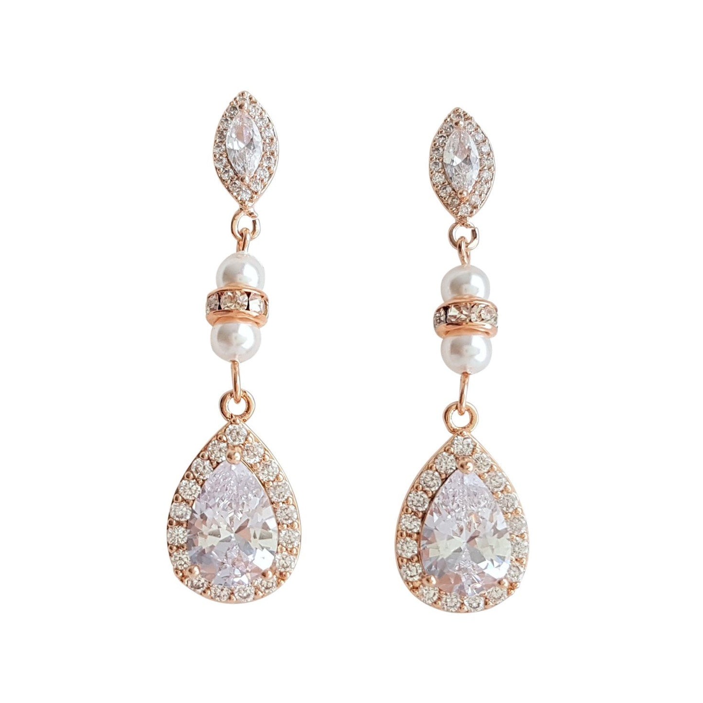 Rose Gold & Pearl Wedding Drop Earrings-Ella - PoetryDesigns