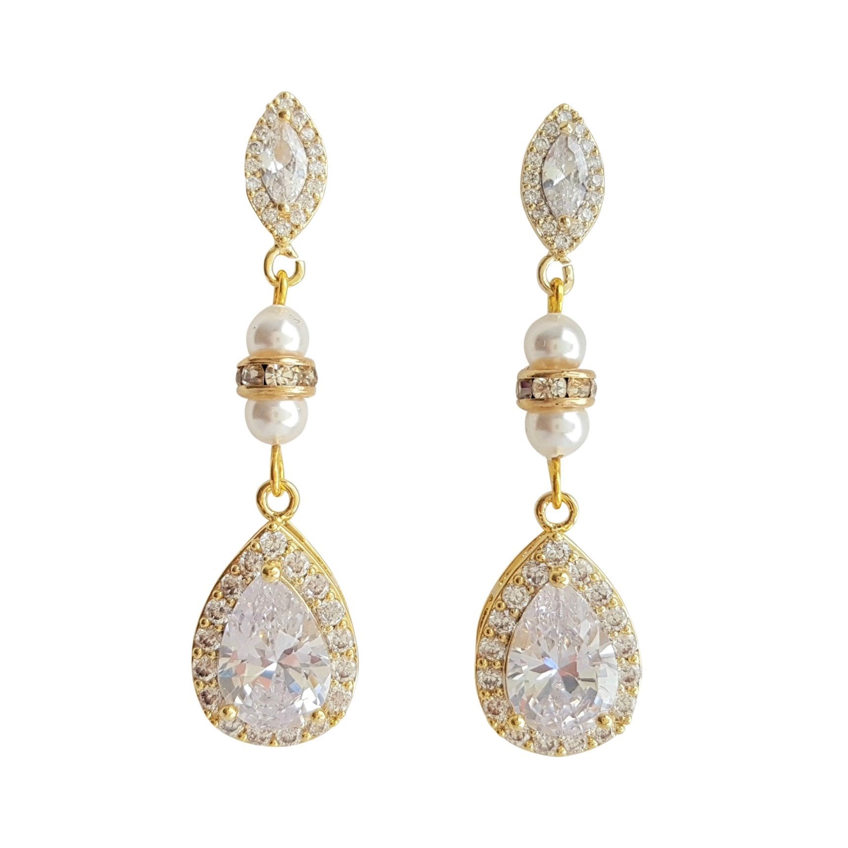 CZ & Pearl Wedding Drop Earrings for Brides-Ella - PoetryDesigns