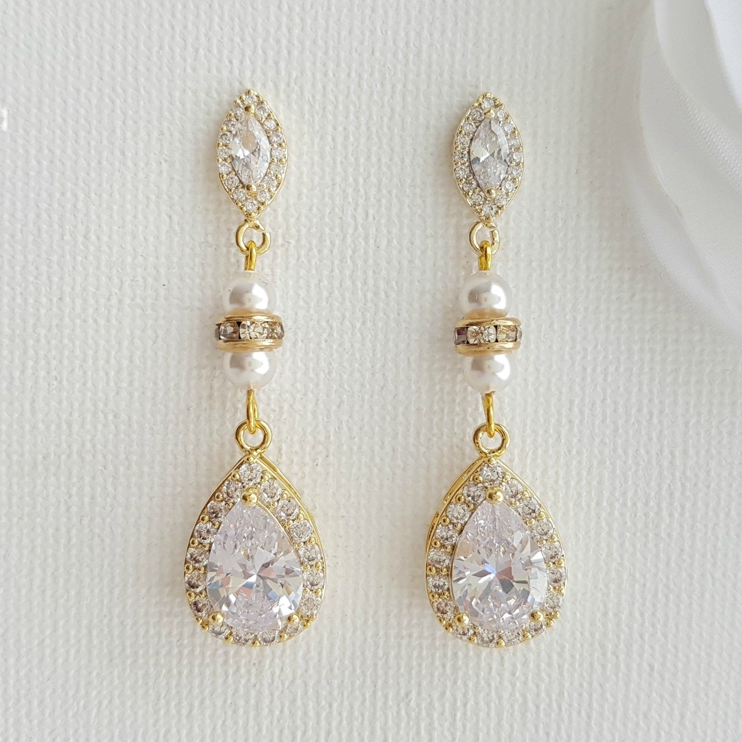 CZ & Pearl Wedding Drop Earrings for Brides-Ella - PoetryDesigns