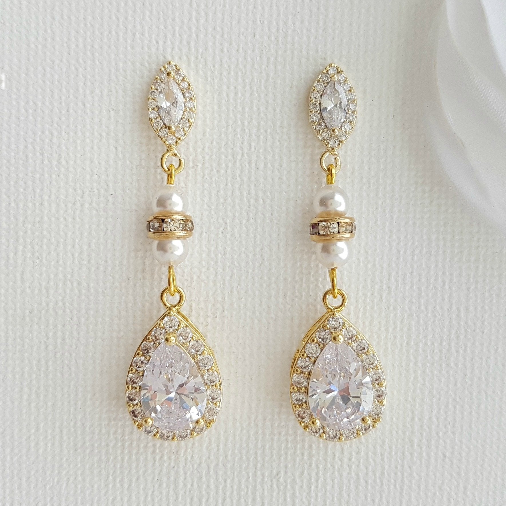 CZ & Pearl Wedding Drop Earrings for Brides-Ella - PoetryDesigns