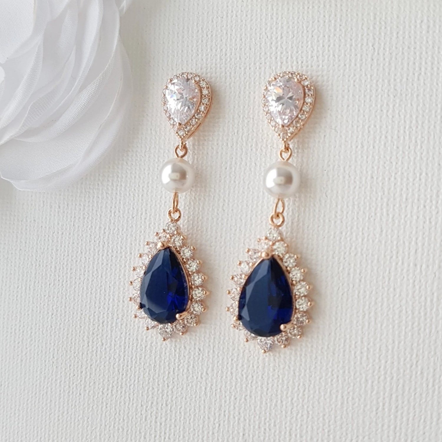 Blue Drop Pearl Earrings in Rose gold for Weddings, Formals and Prom- Poetry Designs