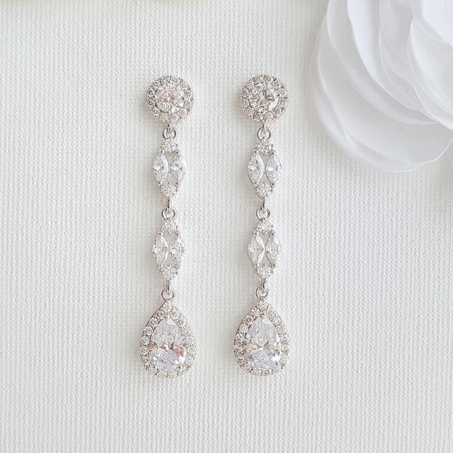 Long Silver & Cubic Zirconia Earrings for Weddings- Poetry Designs