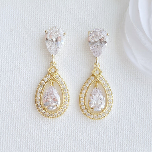 Gold Crystal Drop Earrings Weddings- Sarah