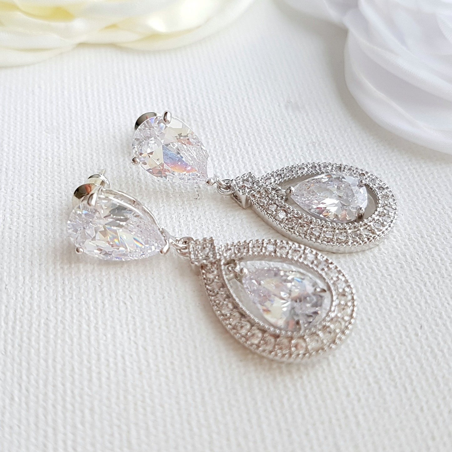 Silver Crystal Drop Bridal Earrings- Sarah