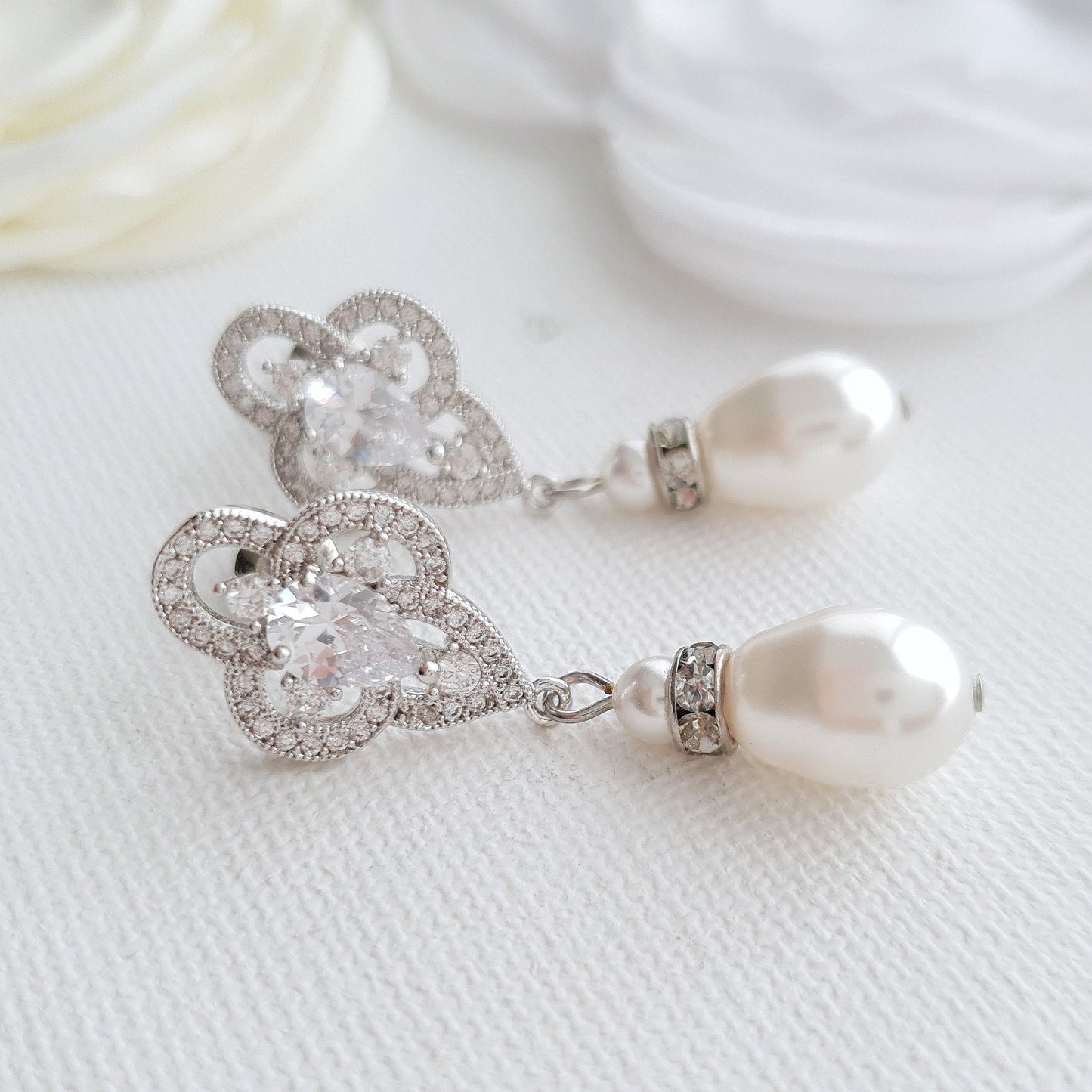 Pearl Drop Earrings, Bridal Earrings, Crystal Wedding Earrings, Bridesmaids Earrings, CZ Pearl Earrings, Pearl Wedding Jewelry, Mabel