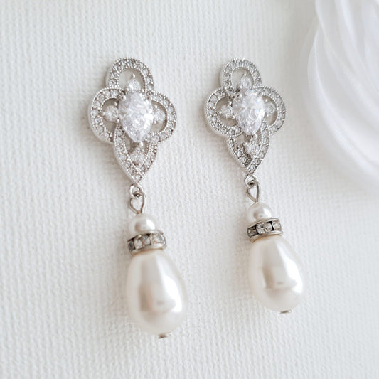 Pendientes colgantes de perlas, pendientes de novia, pendientes de boda de cristal, pendientes de damas de honor, pendientes de perlas CZ, joyería de boda de perlas, Mabel