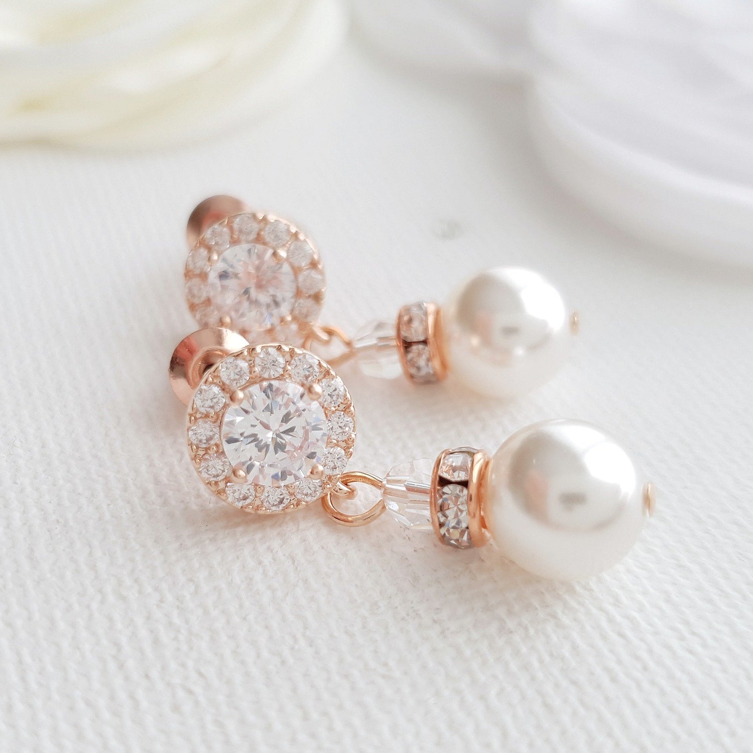 Simple Rose Gold Drop Pearl Earrings- Bronte - PoetryDesigns