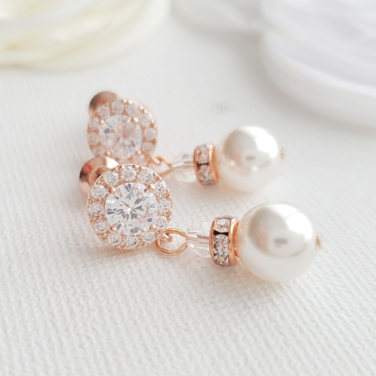 Simple Rose Gold Drop Pearl Earrings- Bronte - PoetryDesigns