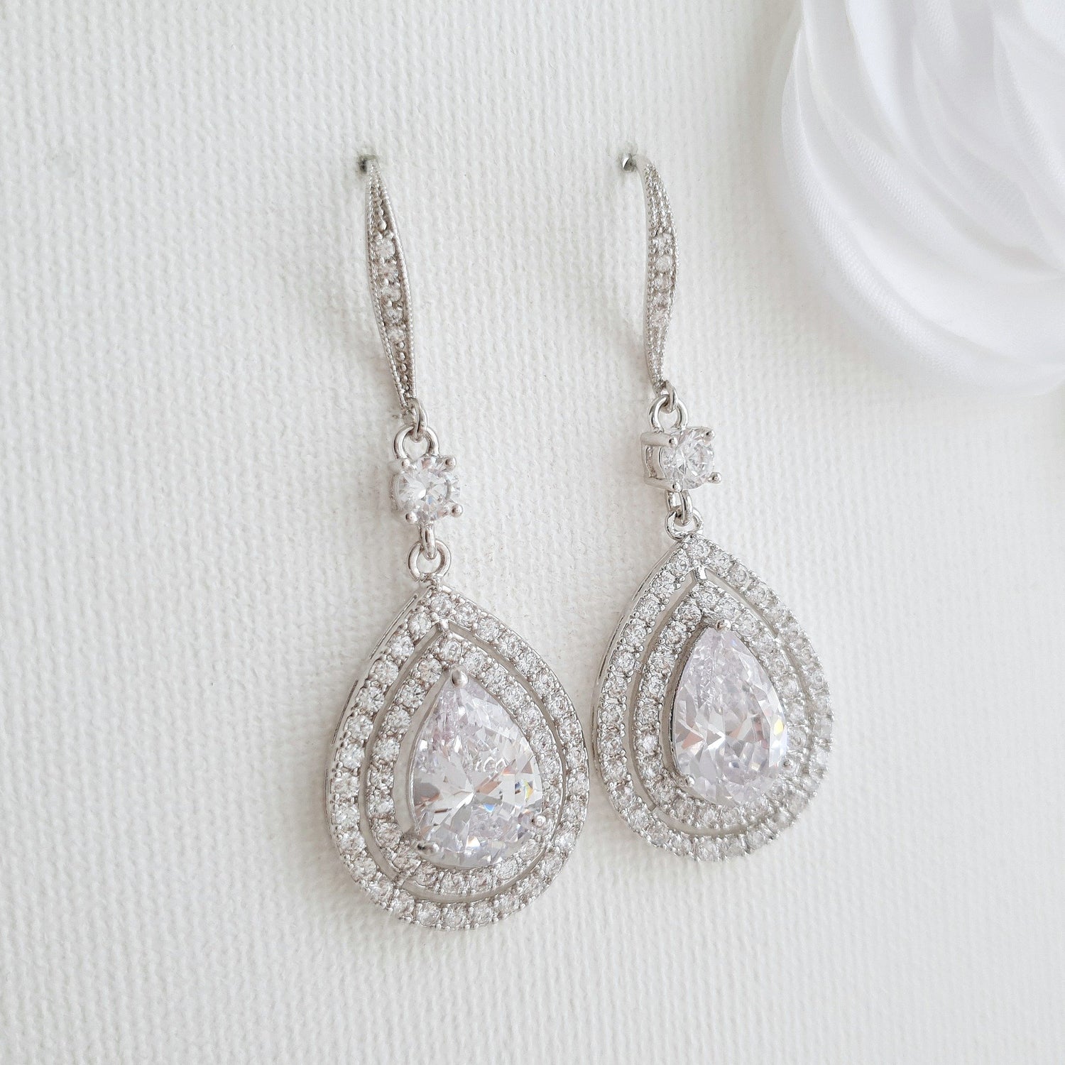 Silver Ear Hook Dangle Earrings for Weddings in CZ Crystal-Joni - PoetryDesigns