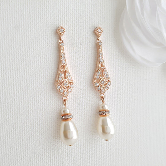 Vintage Style Rose Gold Bridal Earrings-Lisa - PoetryDesigns