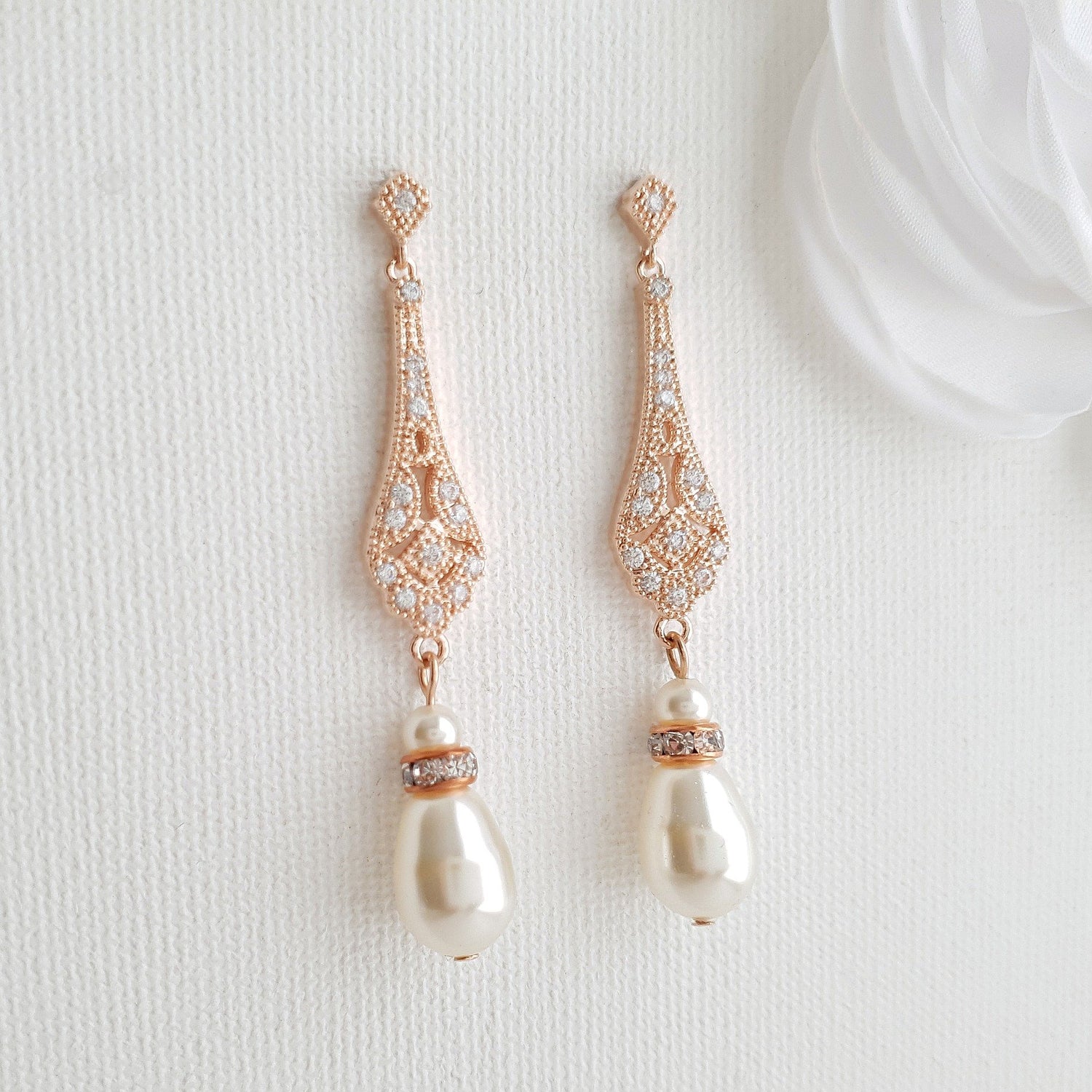 Vintage Style Rose Gold Bridal Earrings-Lisa - PoetryDesigns