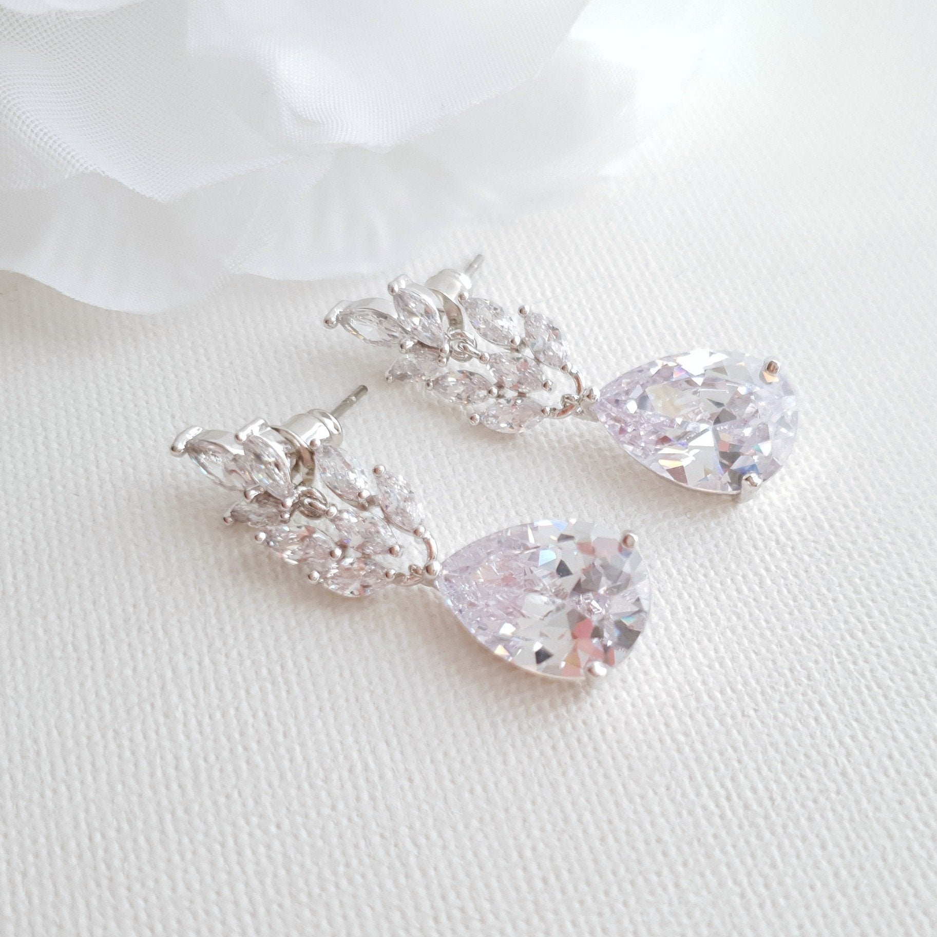 Silver Cubic Zirconia Leaf Earrings-Willow - PoetryDesigns