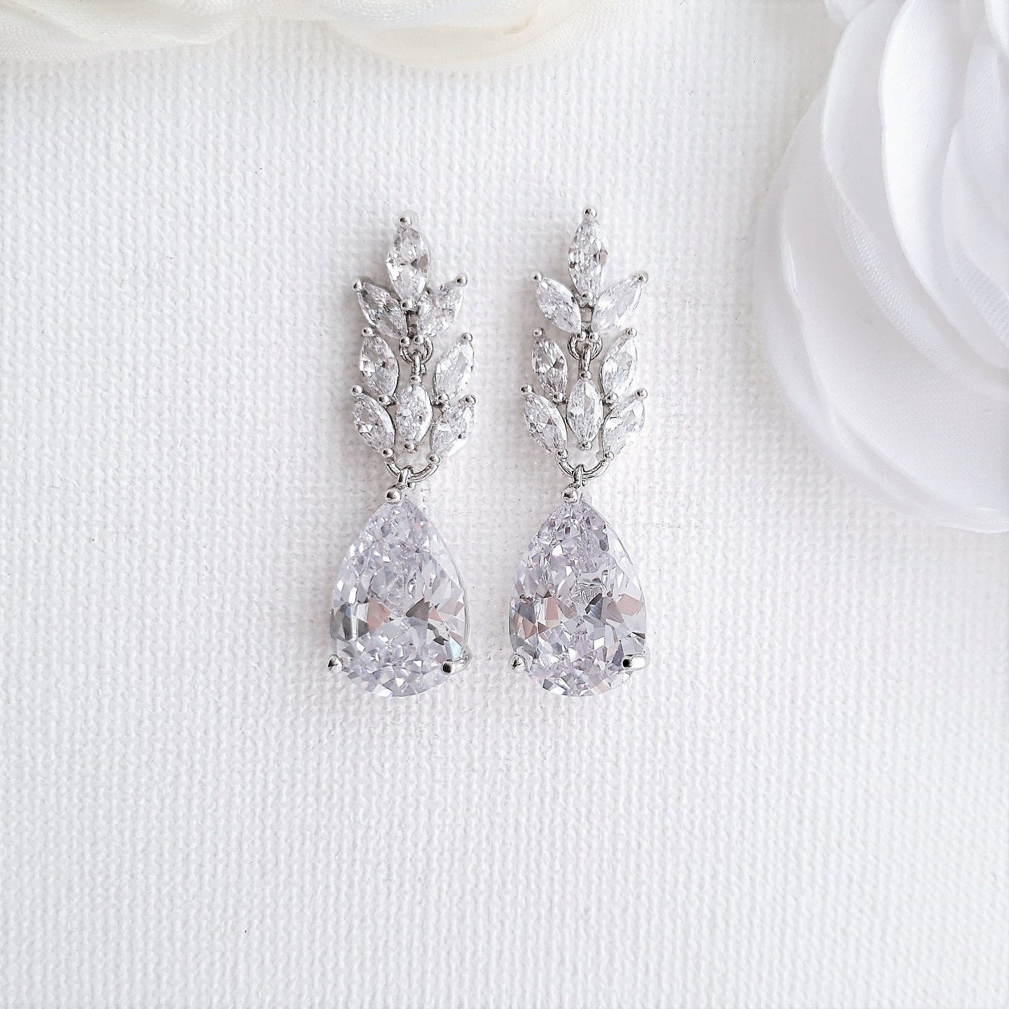 Silver Cubic Zirconia Leaf Earrings-Willow - PoetryDesigns