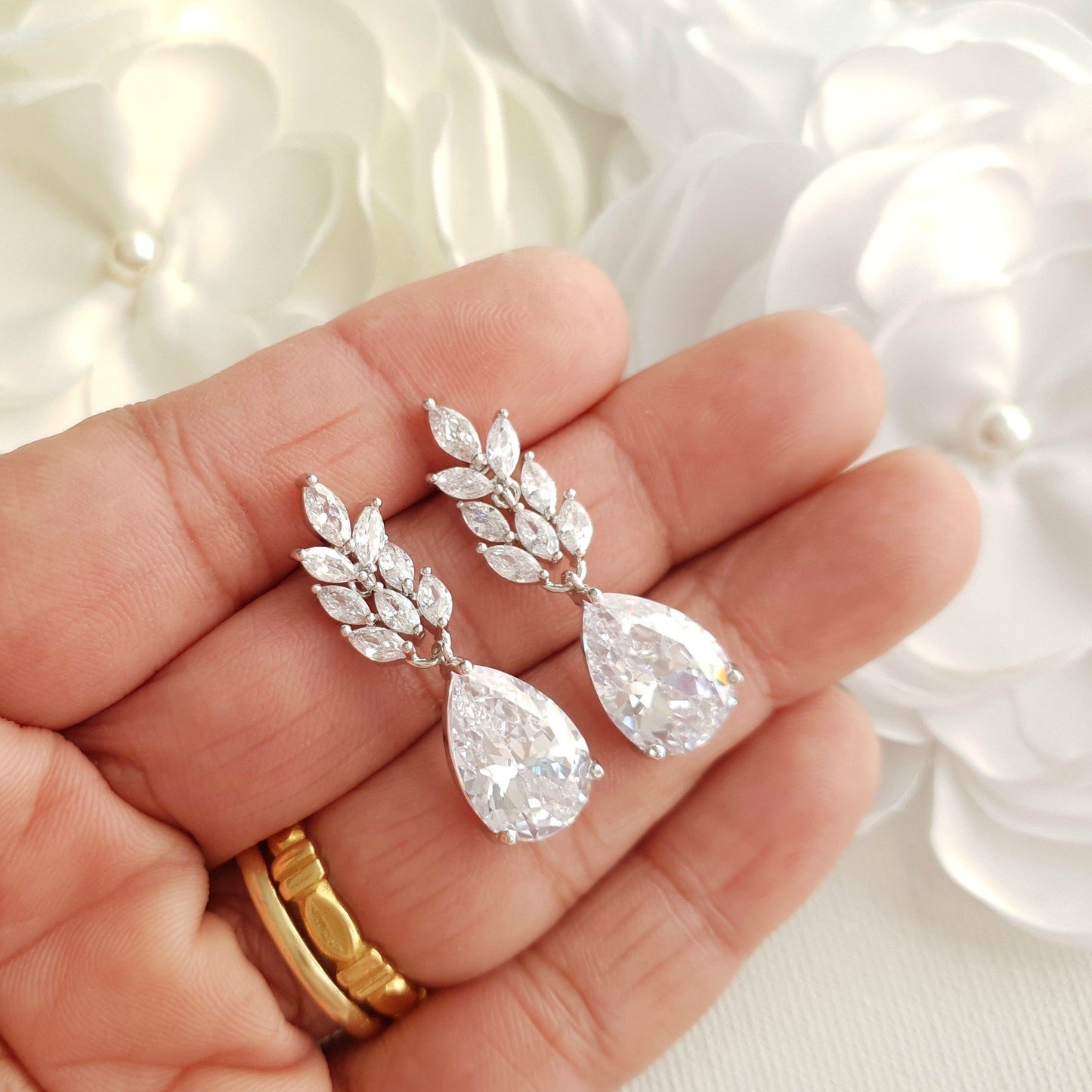 Silver Cubic Zirconia Leaf Earrings-Willow - PoetryDesigns