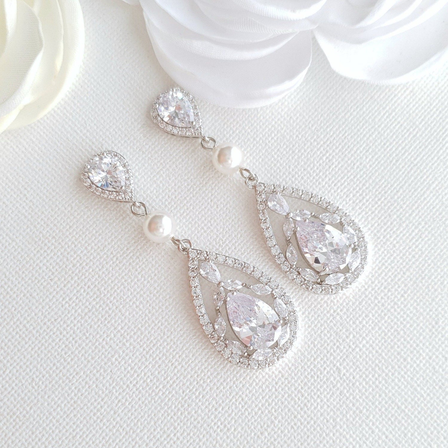 Wedding Clip On earrings in silver with pearls-Poetry Designs