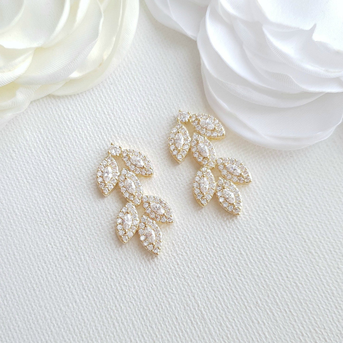 Cubic Zirconia Gold Leaf Stud Earrings- Abby - PoetryDesigns