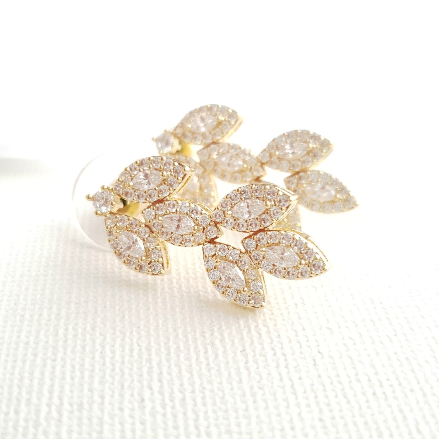Cubic Zirconia Gold Leaf Stud Earrings- Abby - PoetryDesigns