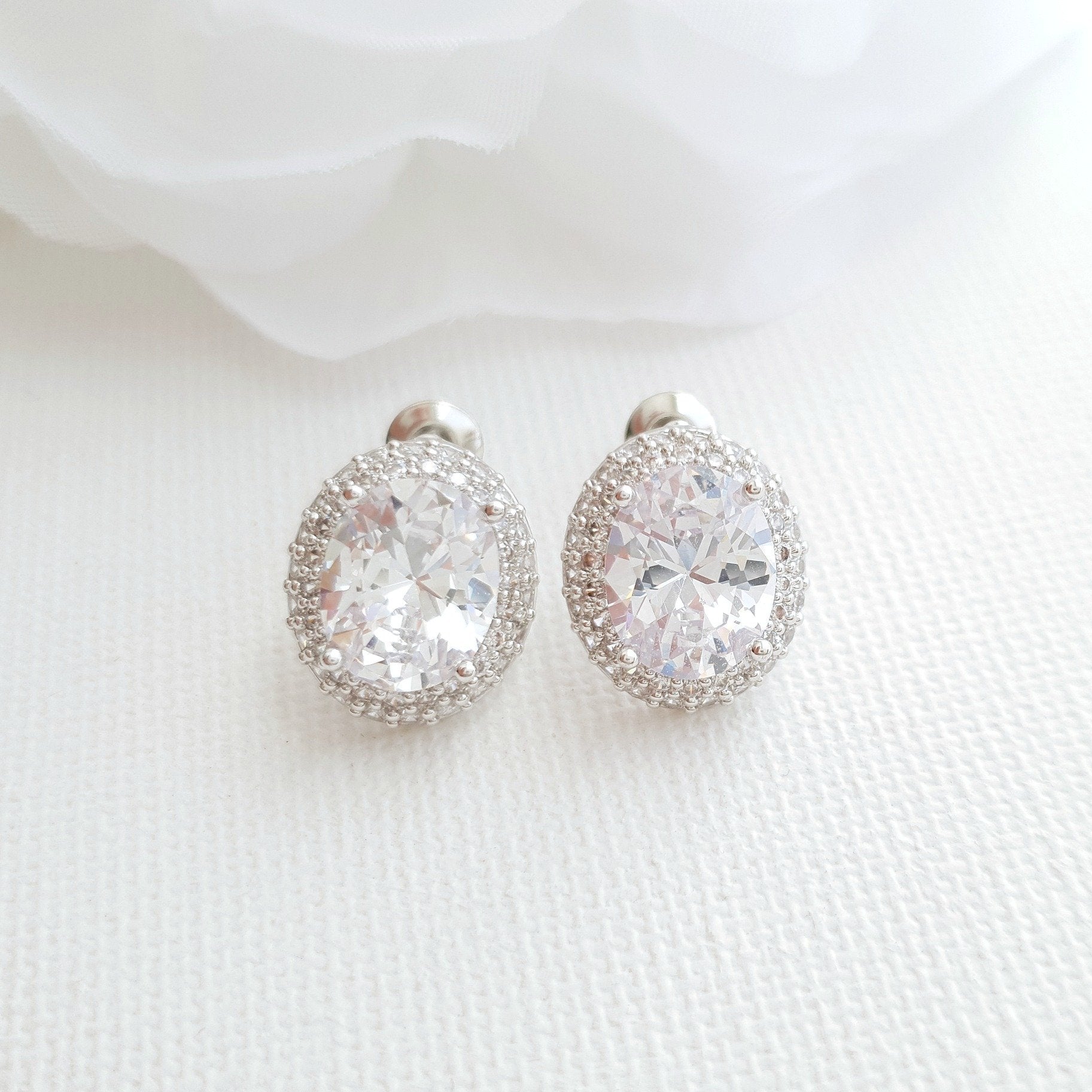 Oval Cubic Zirconia Wedding Stud Earrings- Emily - PoetryDesigns