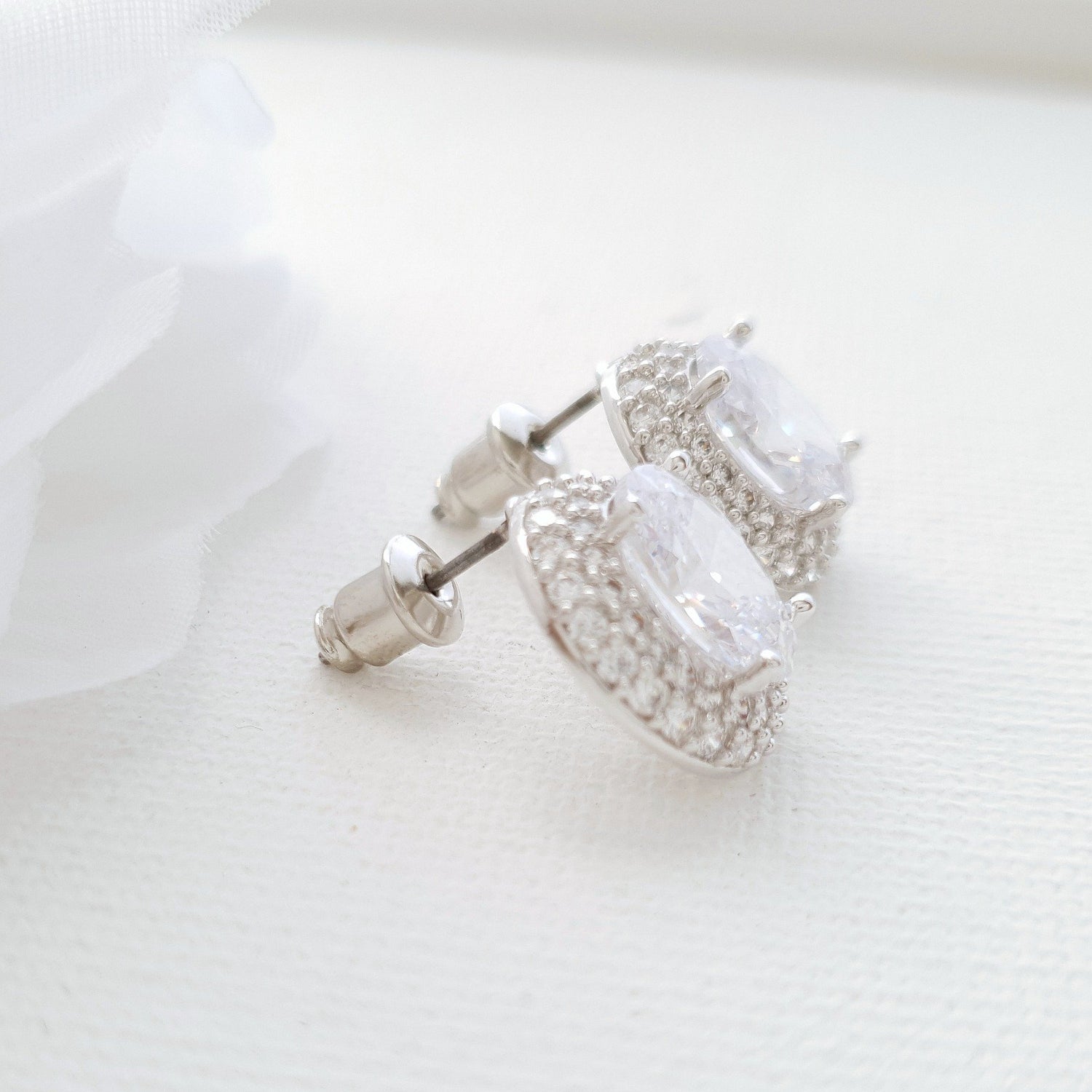 Oval Cubic Zirconia Wedding Stud Earrings- Emily - PoetryDesigns