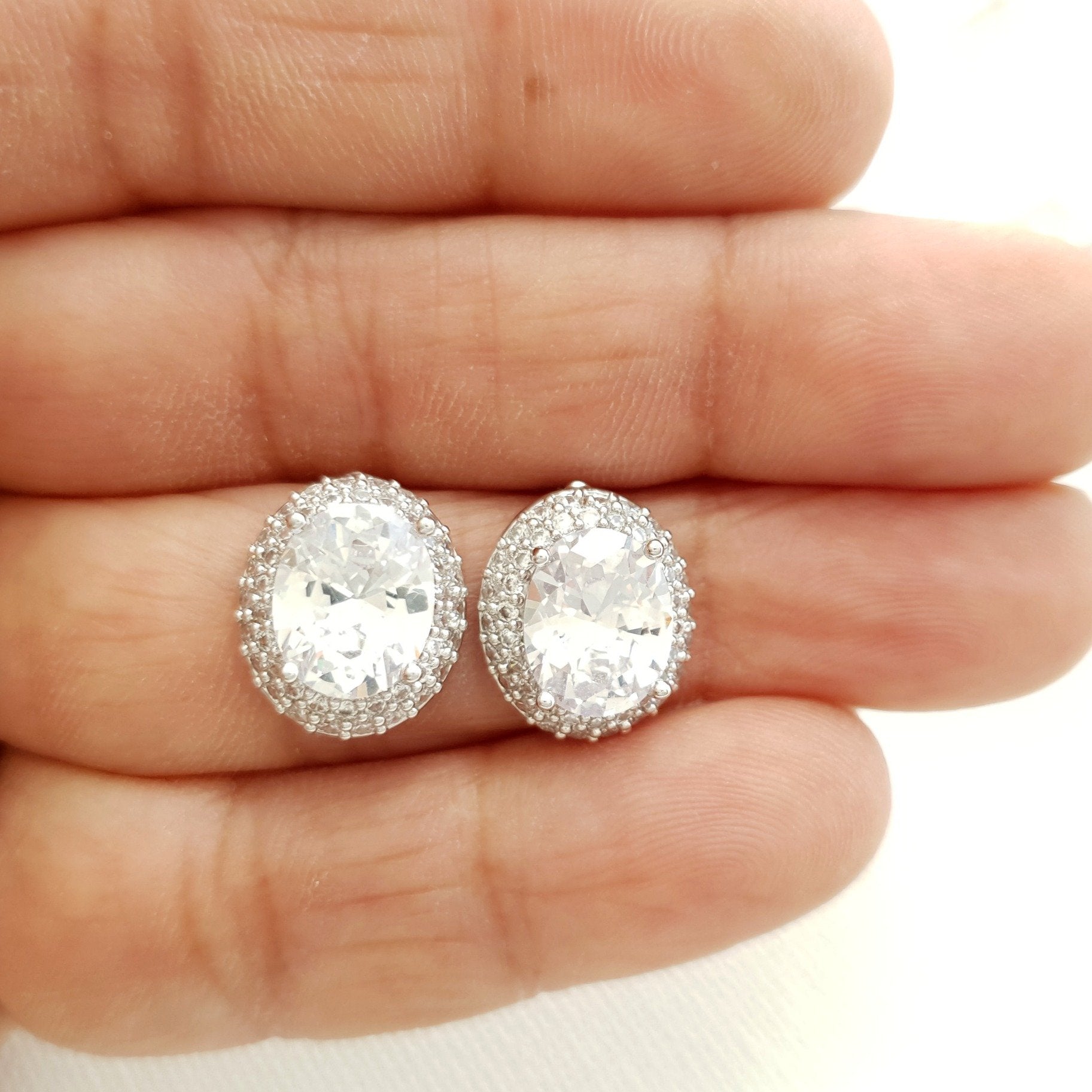 Oval Cubic Zirconia Wedding Stud Earrings- Emily - PoetryDesigns