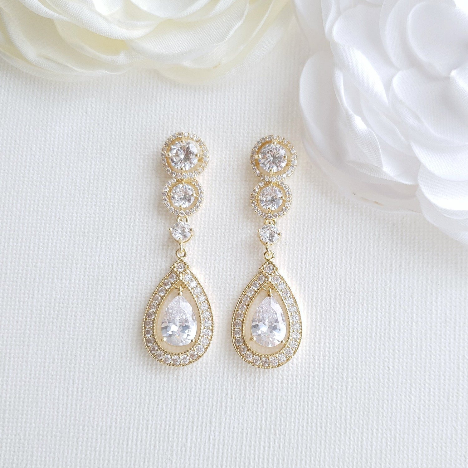 14k Gold Plated Cubic Zirconia Bridal Earrings- Sarah - PoetryDesigns